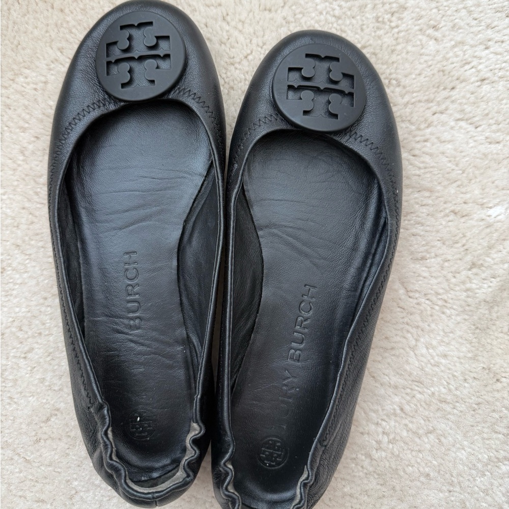 Tory Burch Black Leather Minnie Flats with Logo 8